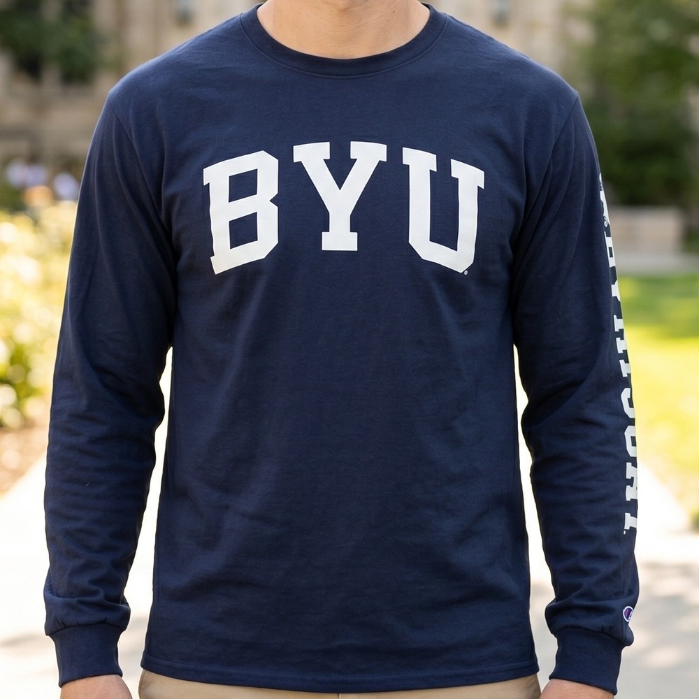 Champion BYU Cougars Long Sleeve Shirt Navy Blue Graphic Tee Mens L‎